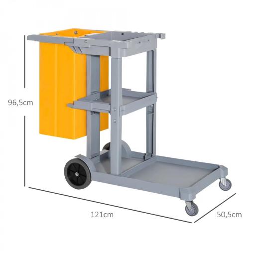 Carro de Limpieza con Bolsa 100L Profesional y Multifuncional para Colectividades Hotel Hostal con 3 Bandejas y 1 Plataforma 121x50,5x96,5 cm Gris y Amarillo [1]