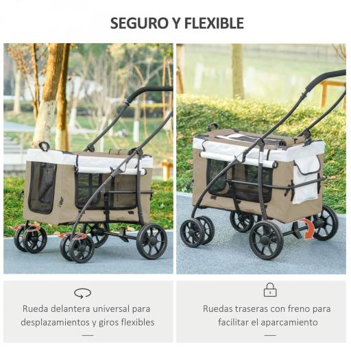 Cochecito para Perros Plegable con Vagón Desmontable 4 Puertas con Cremallera 2 Correas de Seguridad y Cojín Caqui [2]