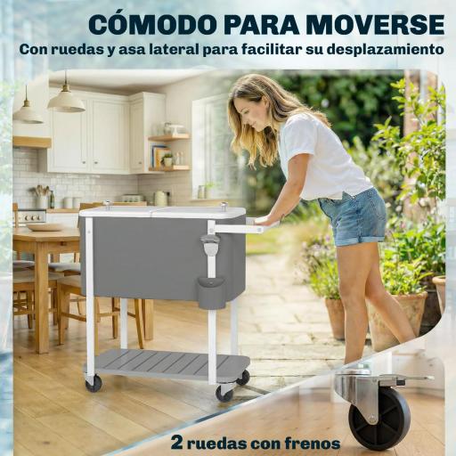 Carrito Nevera de 56L con Ruedas Estante Abrebotellas Recogetapas Drenaje y Asa para Patio Fiesta 84x38x83 cm Gris [7]