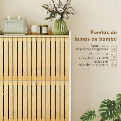 Zapatero Estrecho con 3 Puertas de Bambú con Listones Estantes Ajustables para 18 Pares de Zapatos Blanco y Natural [6]