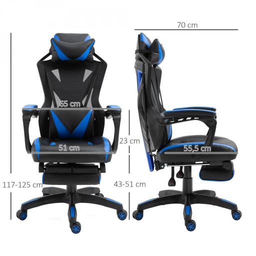 Silla Gaming Ergonómica Silla de Escritorio para Oficina con Altura Ajustable Respaldo Regulable de 170° Almohada Lumbar y Reposapiés Retráctil 65x70x117-125 cm Azul [6]
