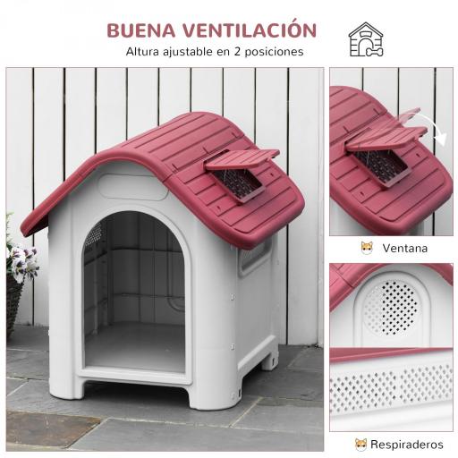 Caseta para Perro con Puerta Extraíble Base Elevada 3 Respiraderos y Ventana Abrible Caseta de Perros para Interior y Exterior 59x75x66 cm Gris Rojo [5]