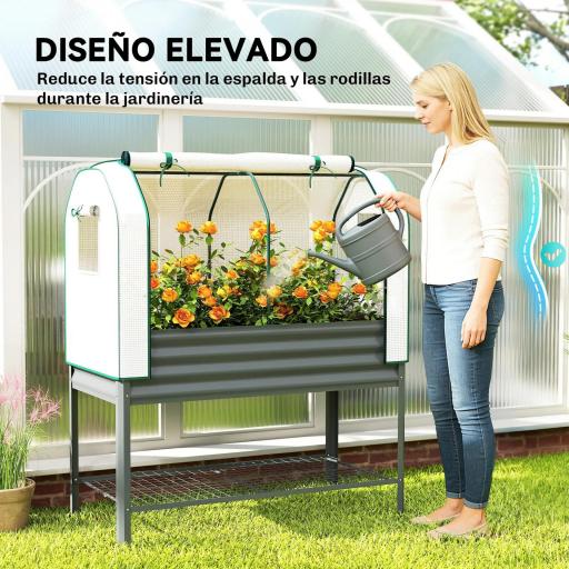 Huerto Urbano Elevado con Cubierta de Invernadero y Estante Inferior para Cultivo Plantas 120x55x140 cm Gris Oscuro [5]