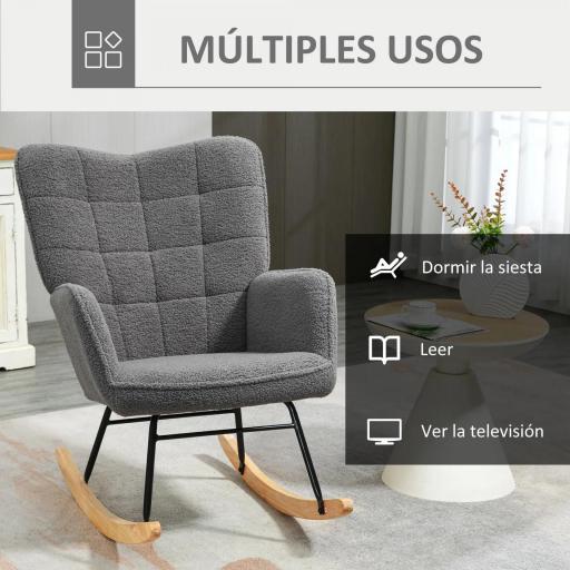 Silla Mecedora de Borreguito Sillón Balancín 40° con Patas de Madera de Haya Carga 120 kg 71x98x101 cm Gris Oscuro [5]