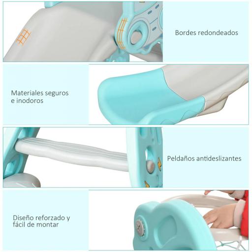 Tobogán para Niños +18 Meses Plegable 2 en 1 con Canasta de Baloncesto Modelo Jirafa Juguete Infantil para Interiores y Exteriores 140x87x75 cm Azul y Gris [2]