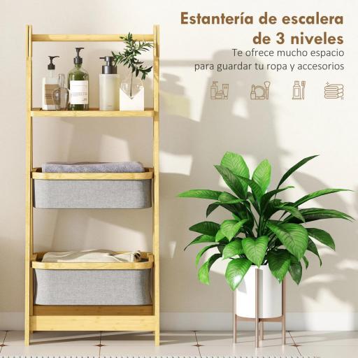 Estantería para Baño Plegable de Bambú con 2 Cestos para Ropa Sucia Estante Abierto Gris [5]