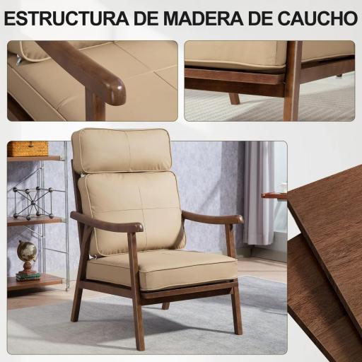 Sillón de Salón Tapizado en PU con Marco de Madera Cojines Acolchados Gruesos Caqui y Madera Nogal [5]