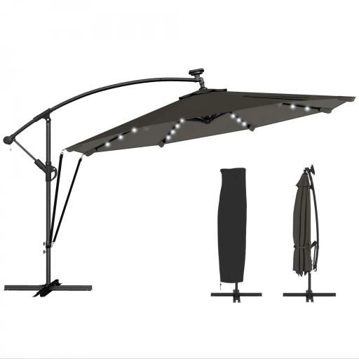 Parasol Excéntrico con Luces LED Solares Ø345 cm Sombrilla Jardín de Aluminio con Base Cruzada Manivela Funda Gris [10]