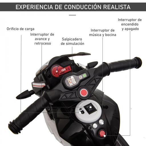 Moto Eléctrica Infantil con 3 Ruedas Trimoto para Niños de +3 Años con Batería 6V Recargable Funciones de Música Bocina Faros 86x42x52 cm Negro y Blanco [5]