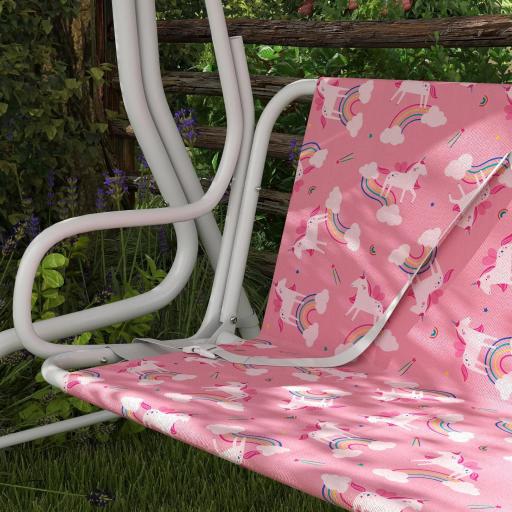 Columpio Jardín Exterior para niños 2 Plazas Toldo Ajustable Cinturones de Seguridad Diseño de Unicornio Arcoíris Rosa [1]