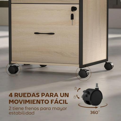 Cajonera de Oficina Cajonera para Escritorio con 2 Cajones y Ruedas para Tamaño Carta A4 44x40x66,5 cm Tono Madera [5]