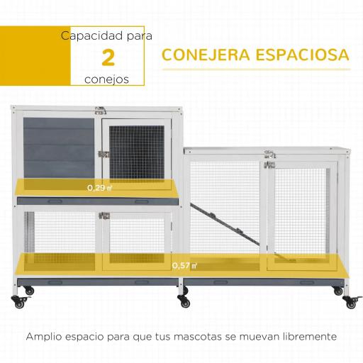 Conejera de Madera con Ruedas 147x45,5x88,5 cm Jaula para Conejos de 2 Niveles con Techo Abrible 2 Corrales de Metal 3 Bandejas Extraíbles 3 Puertas con Pestillo y Rampa Gris [2]