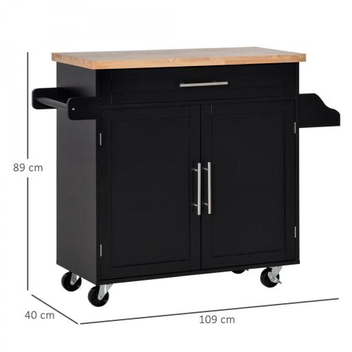 Carrito de Cocina con Armario con Puertas y Estante Interior Ajustable Cajón Barra y Especiero Móvil Aparador Auxiliar con Ruedas para Comedor 109x40x89 cm Negro [1]