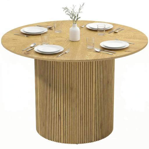 Mesa de Comedor Redonda Moderna para 4-6 Personas Mesa de Cocina de 110 cm con Base Cilíndrica Acanalada Roble [9]