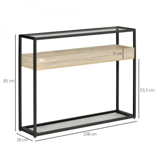 Mesa Consola de Entrada 108x28x85 cm Mueble Recibidor con Encimera de Cristal Estante y Rejilla Inferior Marco de Acero para Pasillo Salón Extremo del Sofá Negro [1]
