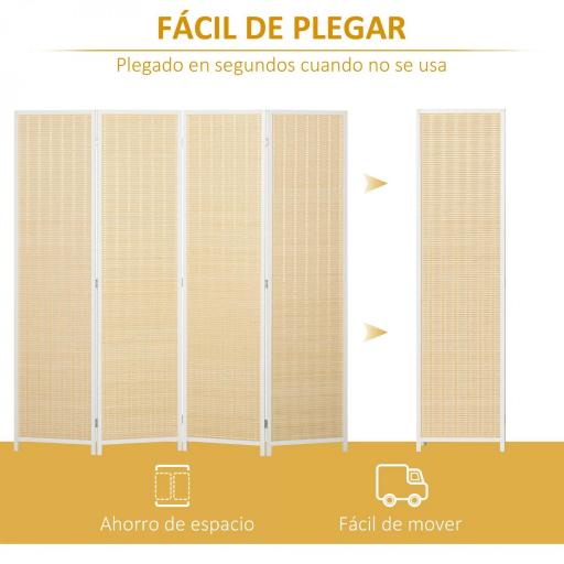 Biombo de 4 Paneles Plegable 180x180 cm Separador de Ambientes Tejido a Mano de Bambú Decoración para Salón Blanco [3]