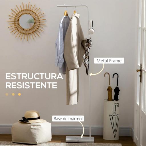 Perchero de Pie con Base de Mármol Barra y 2 Ganchos de Metal para Dormitorio Pasillo 35x25x170 cm Blanco [5]