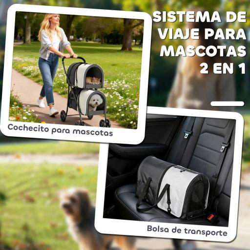 Carrito Doble para Perros Gatos Plegable con 2 Transportines Extraíbles con Cinturón y Cojines 66x50x98cm Gris Oscuro [4]