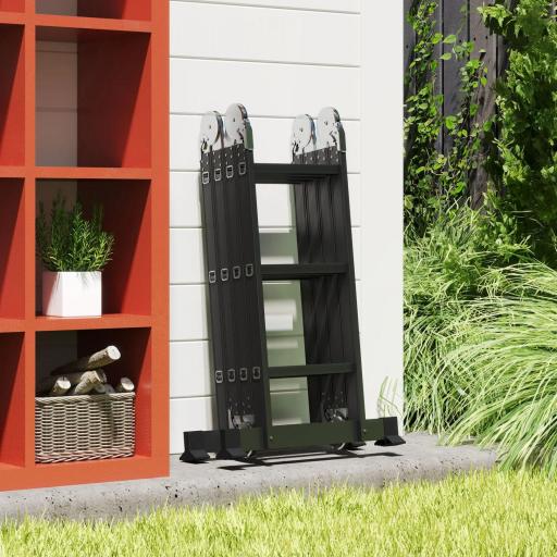 Escalera Multiusos Plegable Escalón Caballete 5 en 1 Portátil con 2 Placas de Plataforma Pie Antideslizante 6 Interruptores Bisagra Aluminio 150 kg 370x61x11 cm Negro