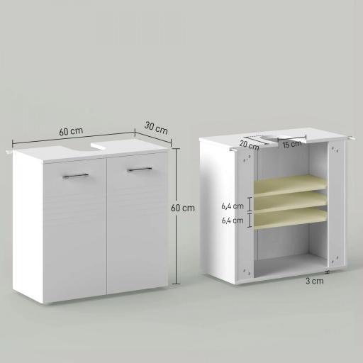 Mueble para Debajo del Lavabo Armario de Baño de Pared con 2 Puertas y Estante Interior Ajustable Estilo Moderno 60x30x62,5 cm Blanco [1]