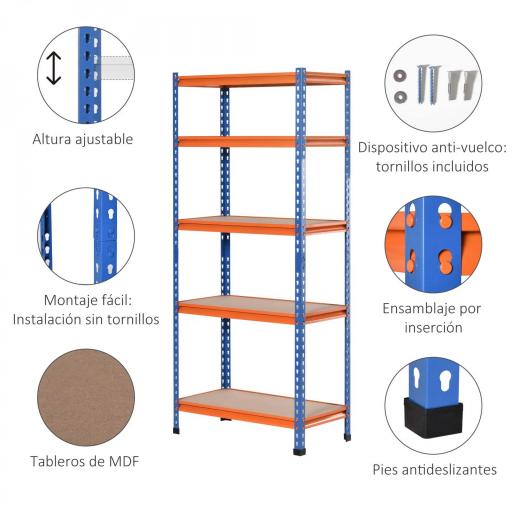 Estantería Metálica de Almacenaje 80x40x182 cm con 5 Niveles Ajustables en Altura Carga Máxima por Estante 300 kg para Almacén Garaje Taller Azul y Naranja [7]