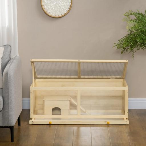 Jaula para Hámster de Madera con Techo Abatible Panel de Acrílico Bandeja Extraíble y Cabaña 100x58x38 cm Natural [4]