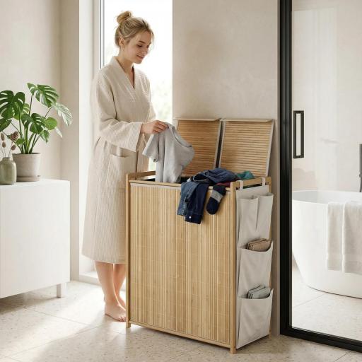 Cesto de Ropa Sucia de Bambú con Tapa 120L con 2 Bolsas con Cordón Extraíbles y Lavables Bolsillos Laterales Natural [7]