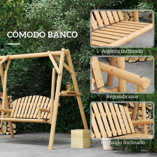 Banco Columpio de Jardín de Madera de 2 Plazas con Bandejas Laterales Reposabrazos y Estructura en A Natural [4]