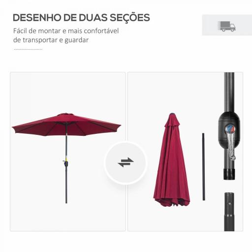 Sombrilla de Jardín Ø295x250 cm con Manivela Parasol Exterior con Mecanismo de Inclinación y Poste Desmontable de Metal para Terraza Piscina Patio Vino Tinto [2]