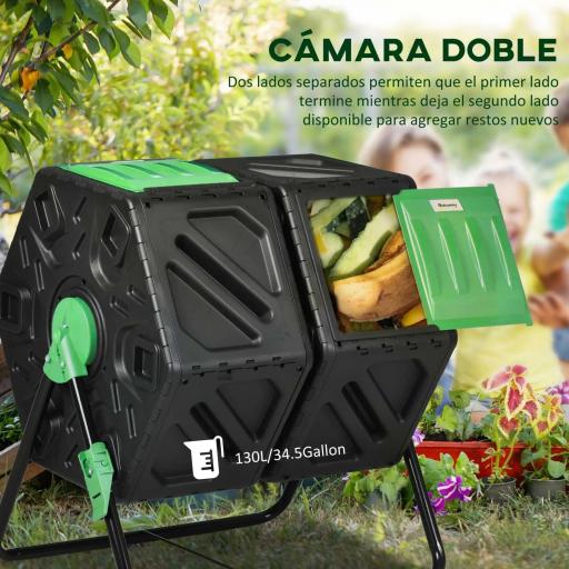 Compostador Giratorio 130L Contenedor Compostaje Doble Cámara Aberturas de Ventilación Patas de Acero 67x60x77 cm Negro [2]