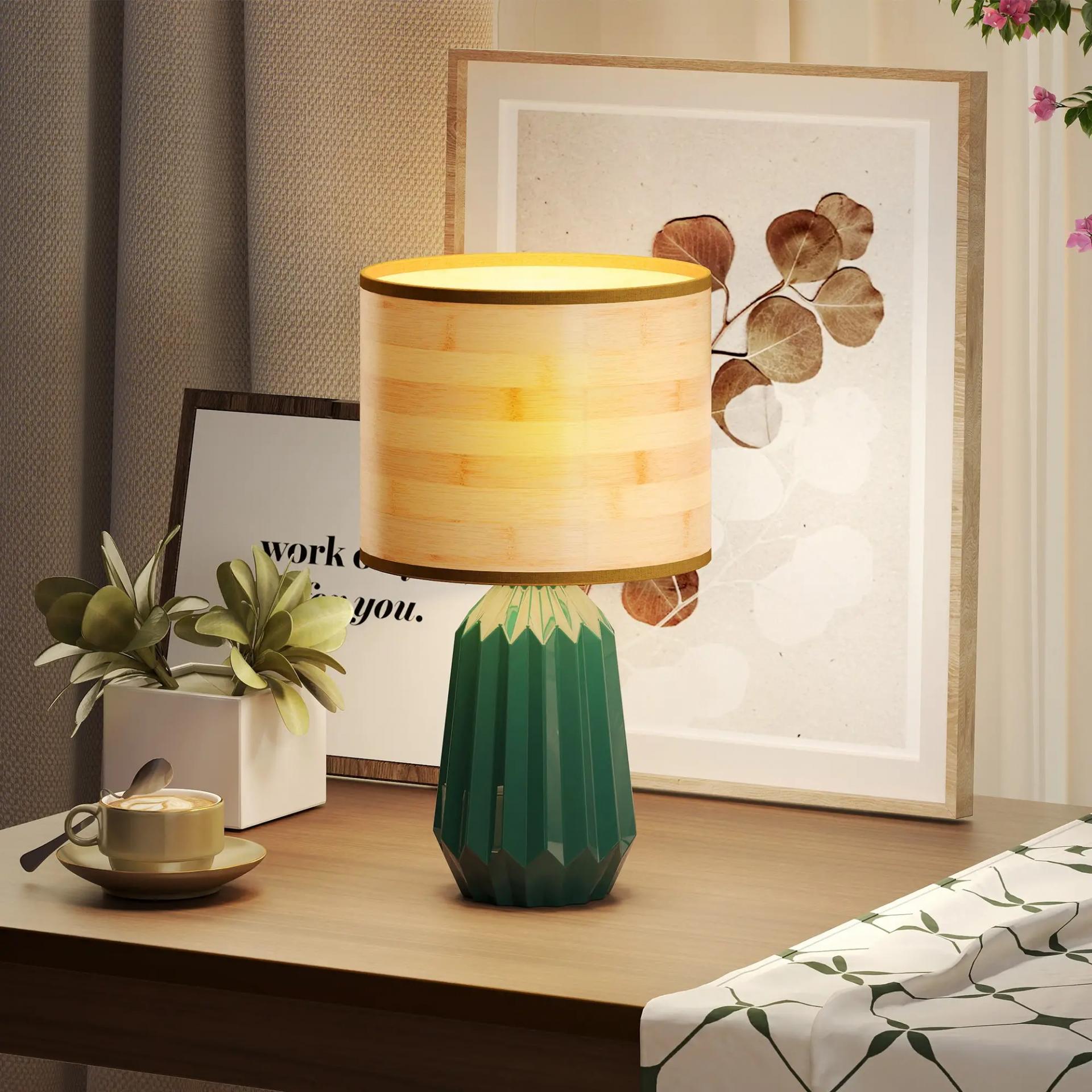Lámpara de Mesa con Base de Cerámica y Pantalla de Lino Estilo Retro para Dormitorio 40W Verde y Madera Natural