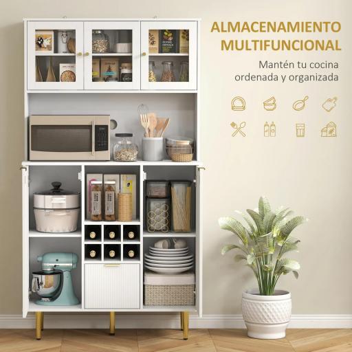 Alacena de Cocina Moderna con Armarios Cajón Botellero y Puertas de Vidrio y Estantes Ajustables 100x40x180 cm Blanco [2]