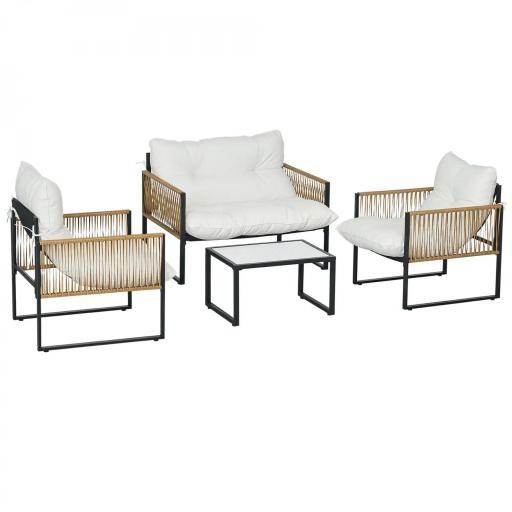 Conjunto de Jardín Exterior de Ratán Sintético con 2 Sillones 1 Sofá de 2 Plazas 1 Mesa de Centro y Cojines Crema [8]