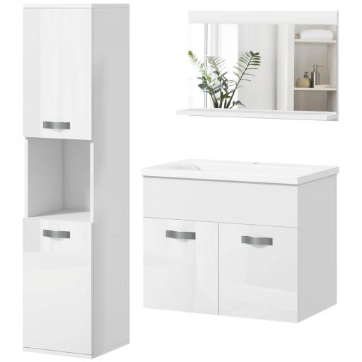 Conjunto de Muebles de Baño de Pared 3 Piezas Incluye Espejo Armario con Lavabo Cerámico y Columna de Baño Blanco [9]