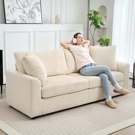 Sofá de 3 Plazas Tapizado en Pana con 2 Almohadas Reposabrazos y Cojín de Muelles para Salón 212x80x88 cm Crema [6]