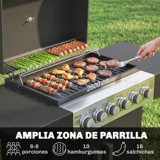 Barbacoa de Gas con 6 Quemadores Termómetro Parrilla Mesas Laterales Armario y Ruedas 135x51x101 cm Negro [2]