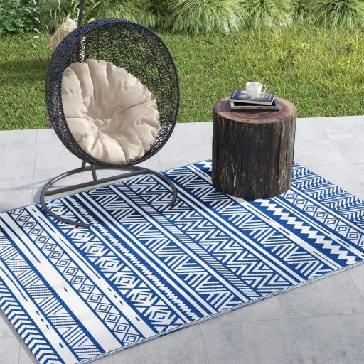 Alfombra Reversible 182x274 cm Estilo Moderno para Terraza Balcón Patio Camping Playa Azul Oscuro y Blanco