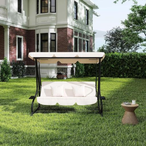 Balancín de Jardín Exterior de 3 Plazas 2 en 1 con Toldo Ajustable Bandejas Laterales y Cojines 200x120x164 cm Arena [7]