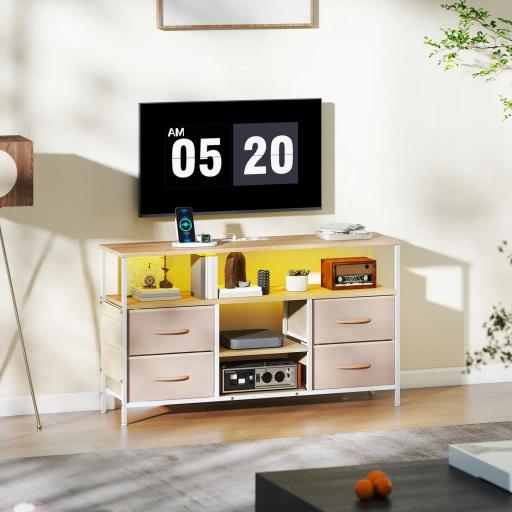 Mueble de TV con Luz LED y Enchufes Puertos USB Estantes Abiertos 4 Cajones plegables 120x30x67,5 cm Beige y Blanco
