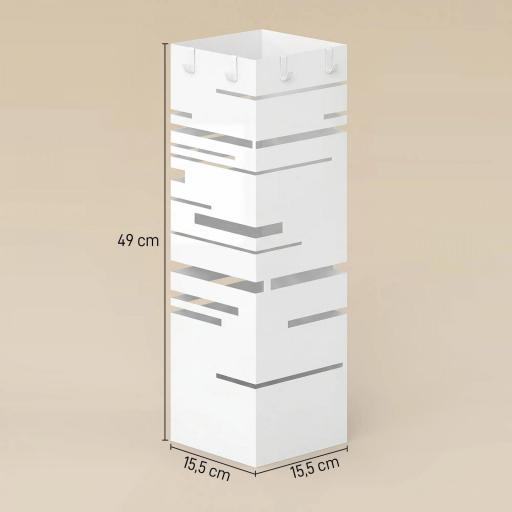 Paragüero Metálico con Bandeja de Goteo y 4 Ganchos, 15,5x15,5x49 cm, Blanco [1]