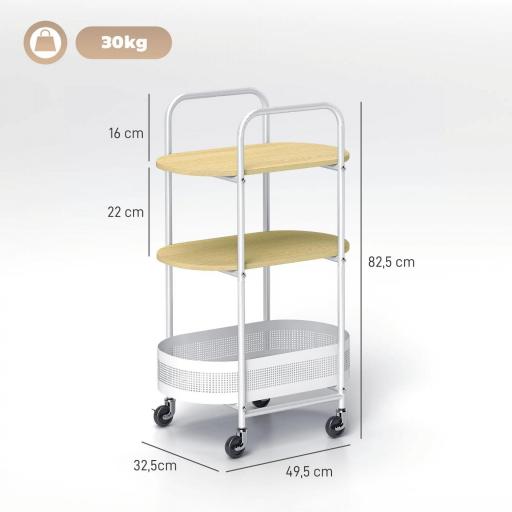 Carrito Auxiliar con Ruedas de 3 Niveles Carro de Almacenamiento con Cesta y Estantes 49,5x32,5x82,5 cm Blanco y Madera Natural [1]