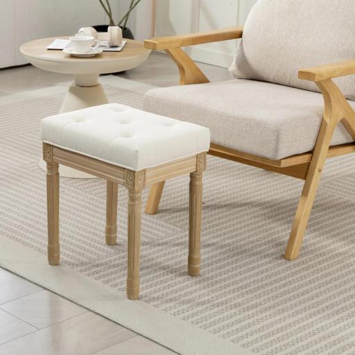 Reposapiés Salón Estilo Rústico Tapizado en Lino Sintético con Madera Maciza Patas Talladas Asiento Acolchado Beige [4]