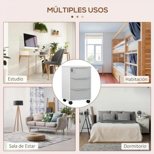 Mueble Archivador con Ruedas 3 Cajones Cerradura y 2 Llaves para Estudio Salón 40x40x63,5 cm Blanco y Gris [4]
