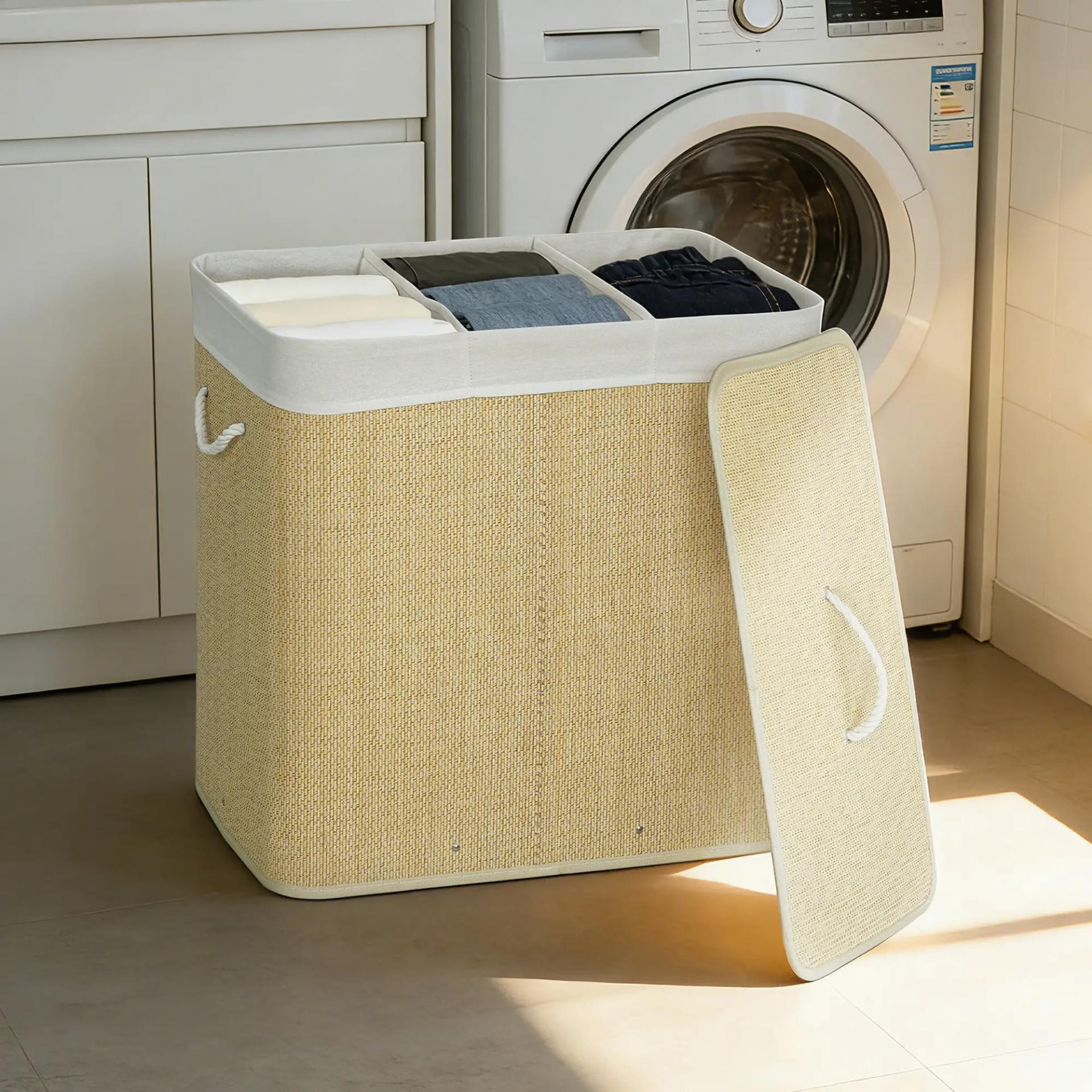 Cesto de Ropa Sucia de Bambú con 1 Compartimento Asas para Facilitar el Uso y Bolsas Desmontables Lavables 60x40x60 cm