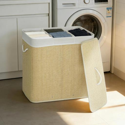 Cesto de Ropa Sucia de Bambú con 1 Compartimento Asas para Facilitar el Uso y Bolsas Desmontables Lavables 60x40x60 cm