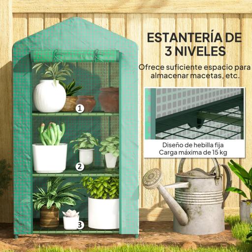 Invernadero de Jardín de 3 Niveles Puerta Enrollable Marco de Metal Cubierta de PE Anti-UV 69x49x125 cm Verde [7]