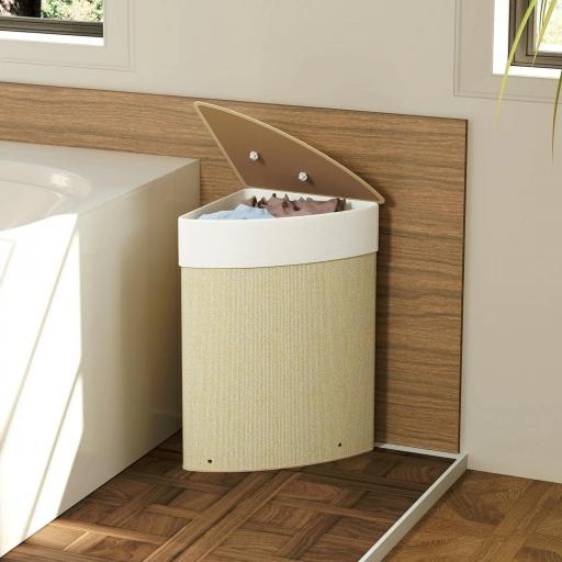 Cesto de Ropa de Bambú 55L, Cesto Triángulo con Bolsa Desmontable y Lavable, Tapa, Asa, 35x35x60cm, Natural [3]