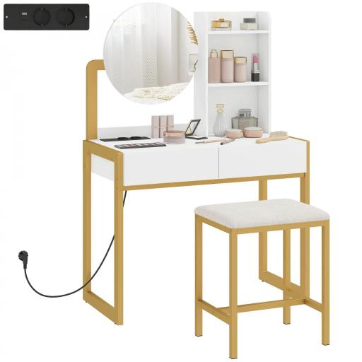 Tocador de Maquillaje con Espejo y Taburete Acolchado Estación de Carga 2 Cajones 3 Estantes para Dormitorio Blanco [9]