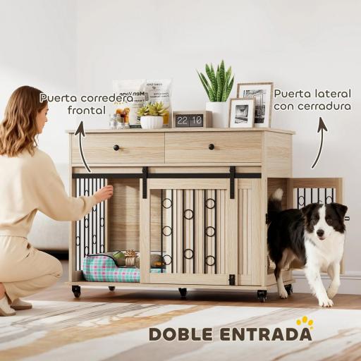 Jaula para Perros Medianos y Grandes Mesa Auxiliar Moderna con 2 Cajones 2 Puertas y Cierre 100x56x81 cm Roble [5]