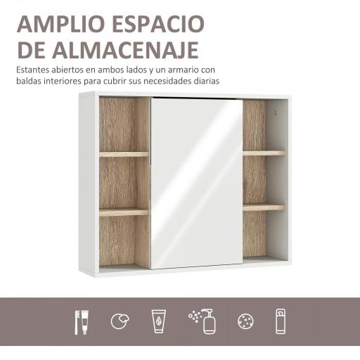 Armario Espejo con Espacio Interno con Estantes Ajustables Armario de Baño Montado en la Pared con Estantes Abiertos 60x14,5x49,4 cm Blanco y Roble [2]